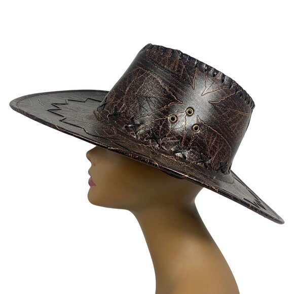 Embossed Leaf Pattern Cutout Design Western Cowboy Hat Dark Brown Vegan Leather - Picture 1 of 7